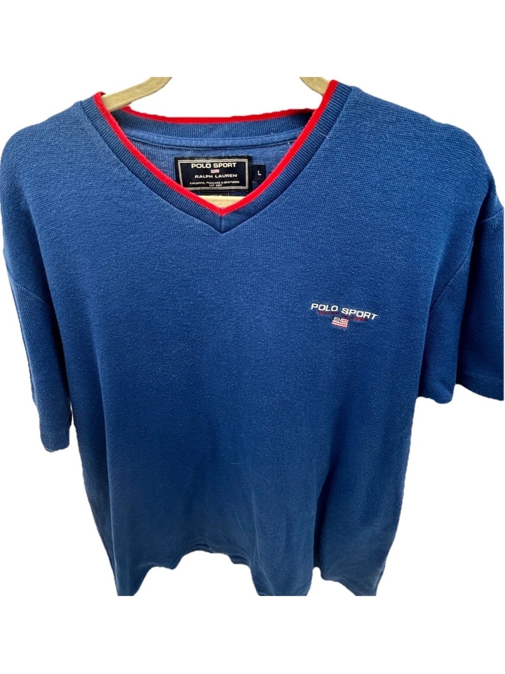 Polo by Ralph Lauren Polo Sport Blue V-Neck Tee with Red Trim